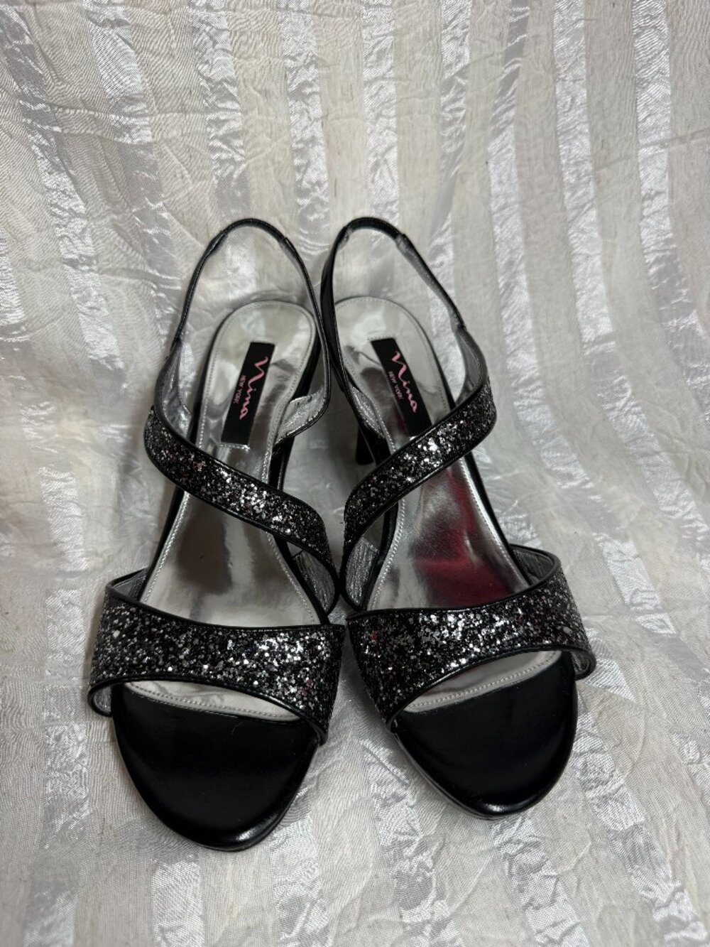 Nina New York Black Glitter Slingback Heels Open Toe Kitten Heels Size 10M
